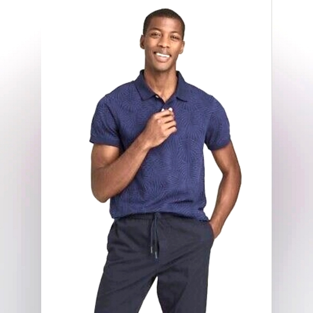 Goodfellow & Co Slim Fit Short Sleeve Pique Polo Shirt Cornelian Blue Leaf Print